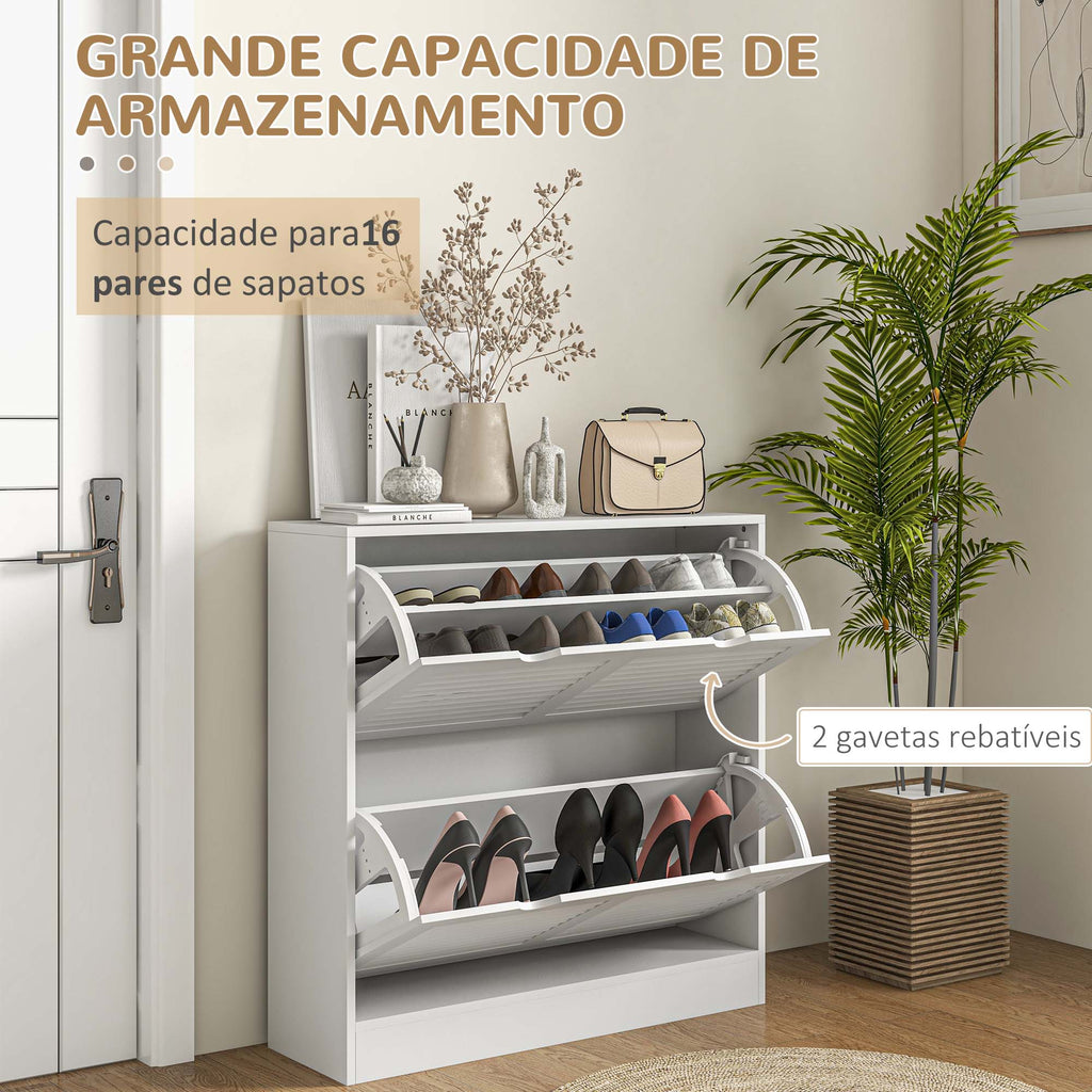 Sapateira Moderna Sapateira Entrada com 2 Gavetas Rebatíveis e Prateleias Ajustáveis para 16 Pares de Sapatos Sapateira Compacta para Corredor 81,5x25x83 cm Branco — foto 4