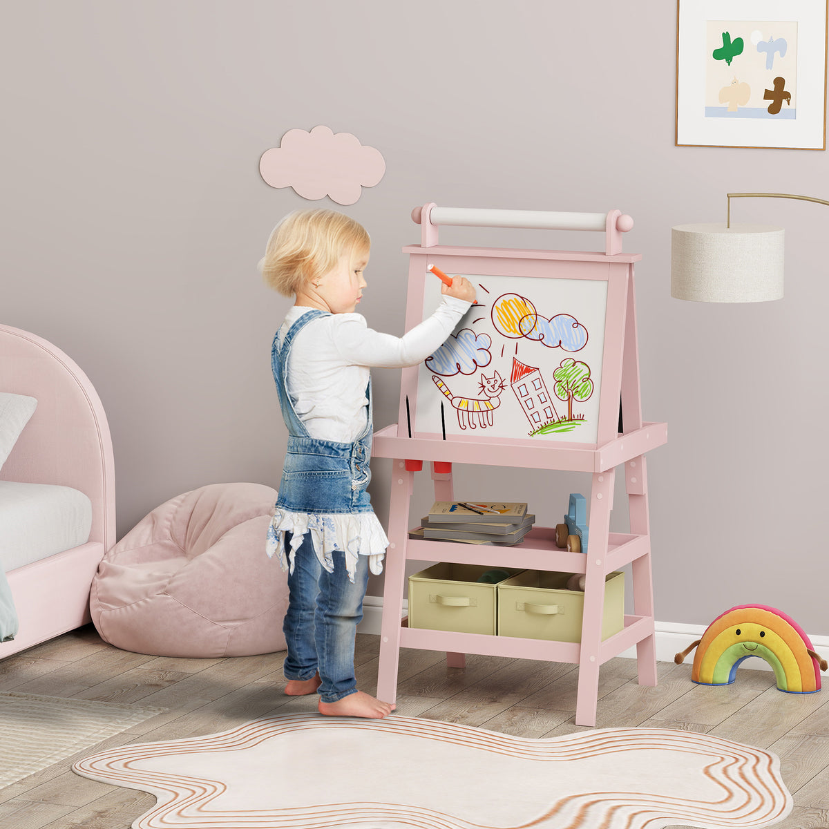 Quadro infantil Cavalete de Pintura Infantil 3 em 1 Quadro Magnético Dupla Face com Rolo de Papel e Cestos de Arrumação Rosa — foto 2