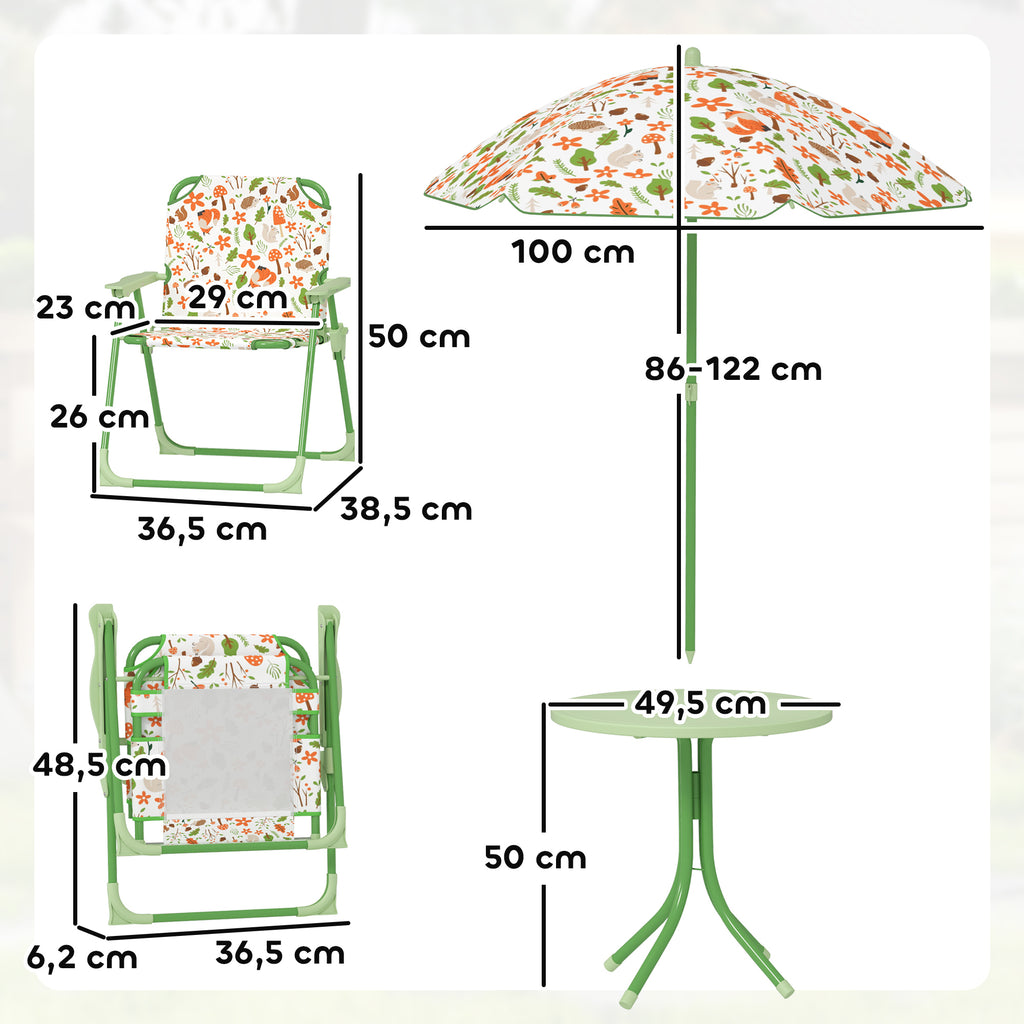 Conjunto de Mesa e Cadeiras para Crianças de Jardim Mesa Infantil com Cadeiras Dobráveis Chapéu de Sol Ajustável e Desenho de Raposas para Pátio Piquenique Verde — foto 3