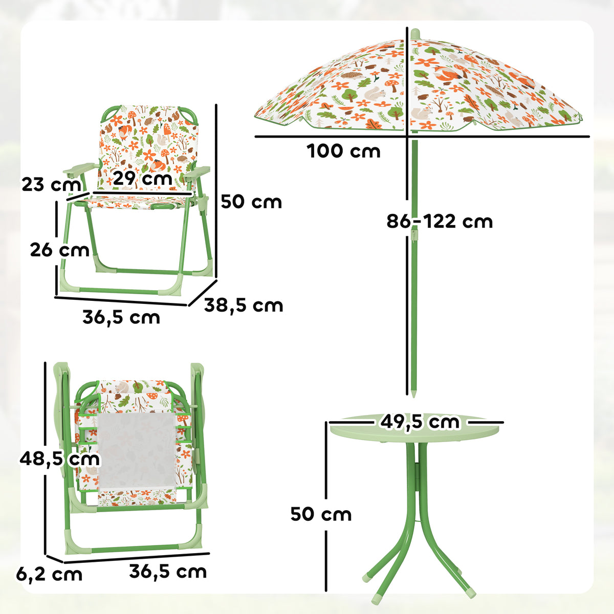 Conjunto de Mesa e Cadeiras para Crianças de Jardim Mesa Infantil com Cadeiras Dobráveis Chapéu de Sol Ajustável e Desenho de Raposas para Pátio Piquenique Verde — foto 3