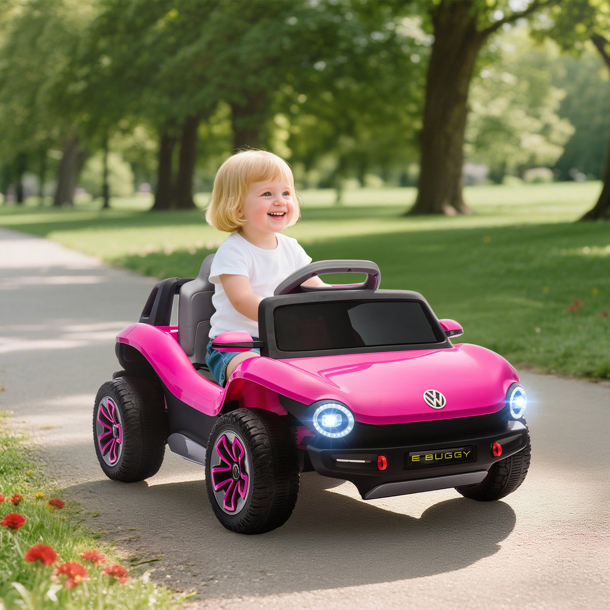 Carro Elétrico para Crianças acima de 3 Anos Volkswagen E-Buggy Bateria 12V com Controlo Remoto 2,4 G Rodas com Suspensão Faróis LED Música USB e Motor Duplo 98x56,5x47 cm Rosa — foto 2