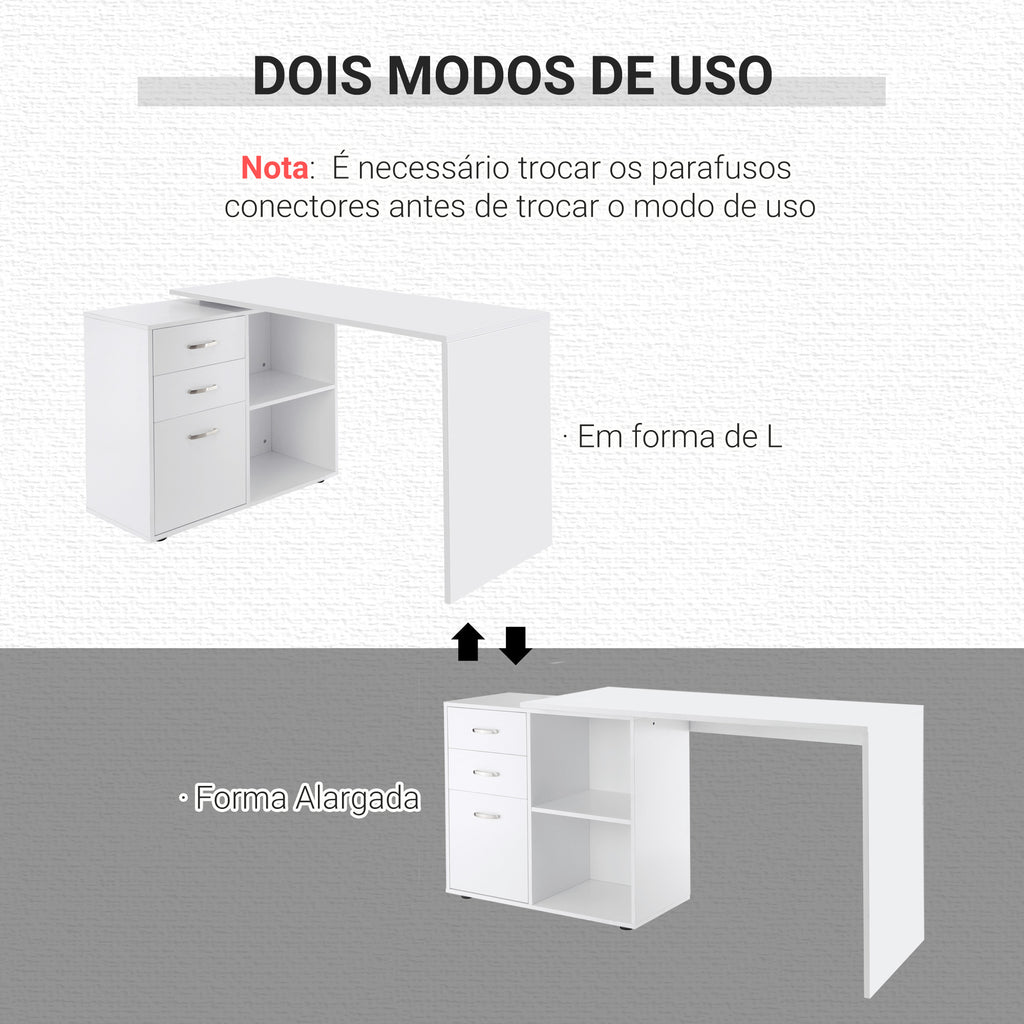Secretária de Canto Secretária com 2 Formas de Utilização com 2 Prateleiras Abertas e 3 Gavetas para Escritório Casa Estúdio Branco — foto 5