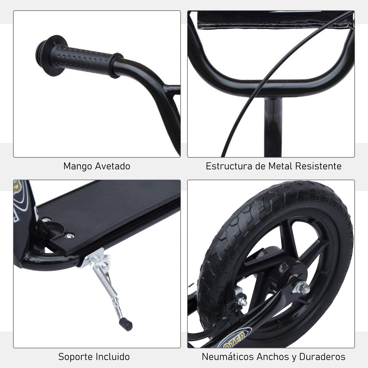 Trotinete com 2 Rodas de 12 Polegadas Trotinete para Crianças com Guiador Ajustável Freio e Cavalete Carga Máxima 100kg 120x52x80-88cm Preto — foto 7