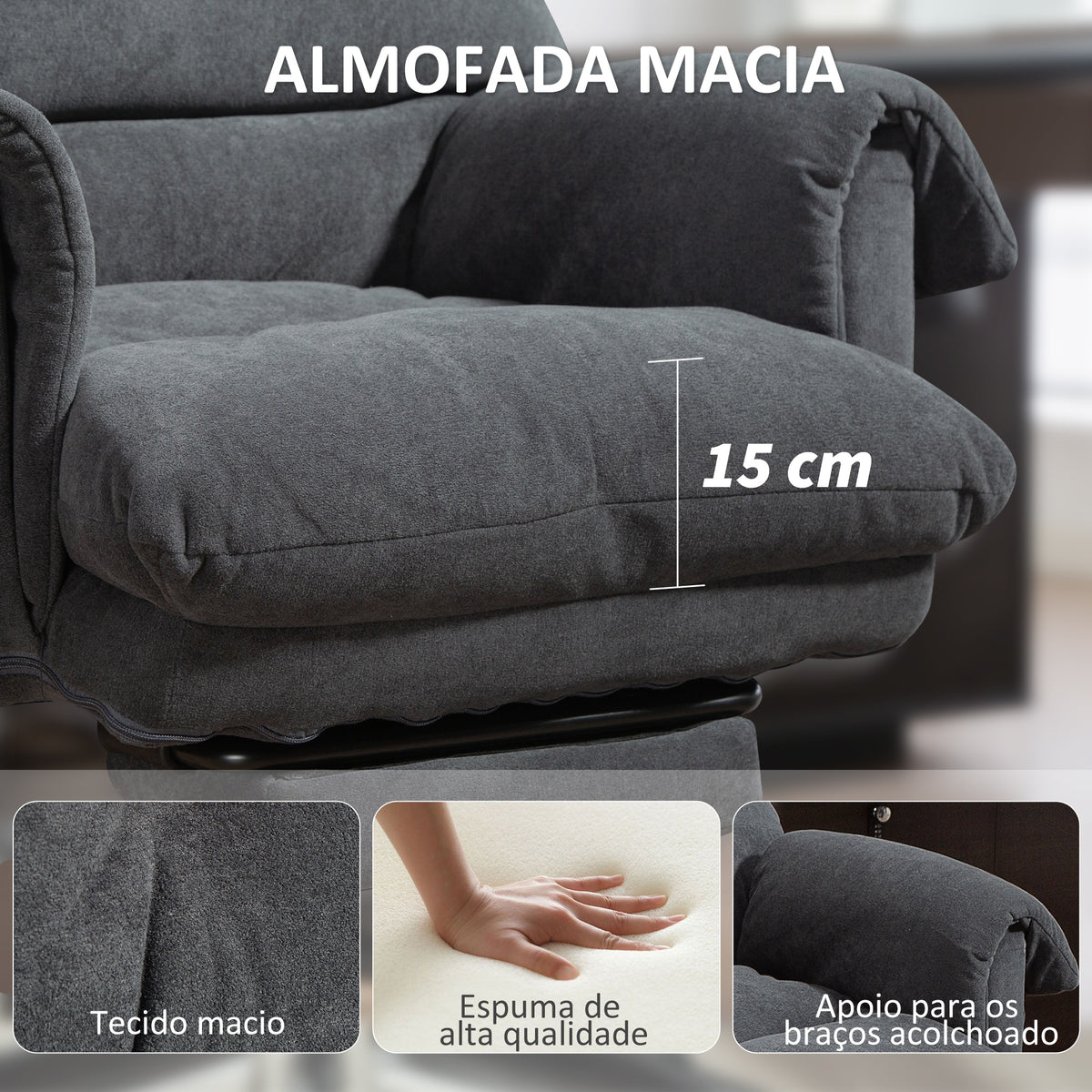 Cadeira de Secretária com Apoio para os Pés Cadeira de Escritório Giratória com Encosto Reclinável Acolchoada Espessa Estofada em Veludo Altura Ajustável 80x80x106-114 cm Cinzento — foto 5