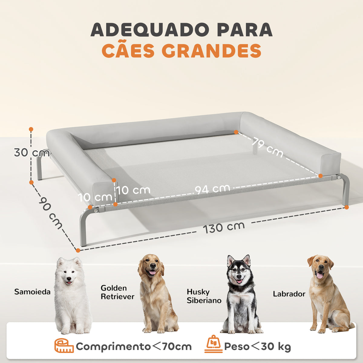 Cama Elevada para Cães com Latertais Amovíveis Cama Elevada para Cães Grandes Portátil com Malha Respirável Estrutura de Aço para Interior e Exterior 130x90x30 cm Cinza Claro — foto 3