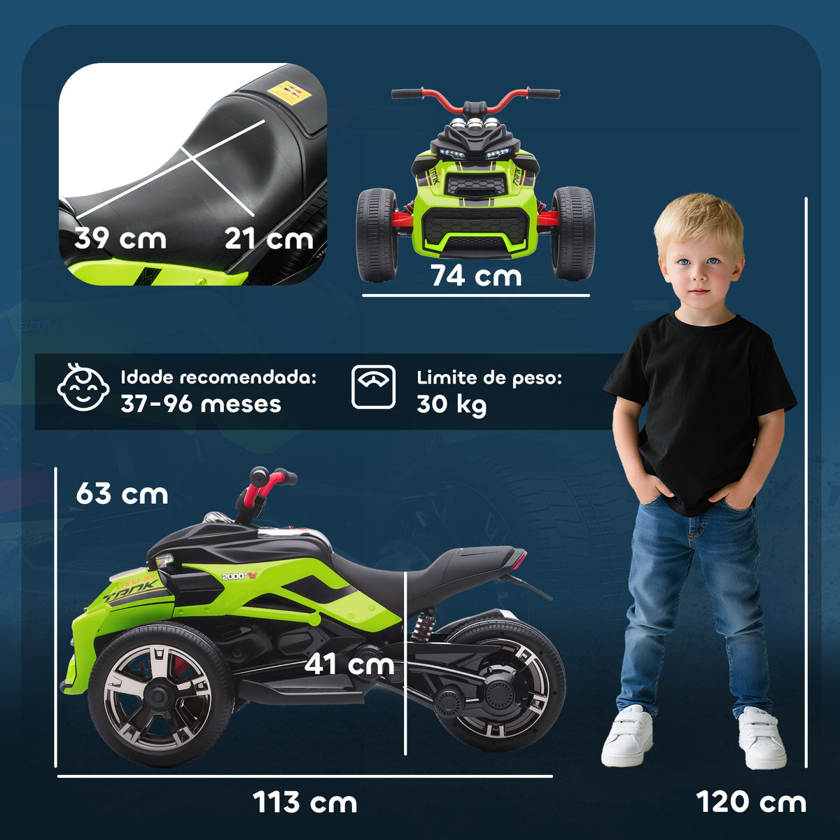 Quadricilo Elétrico para Crianças 12V 3-8 Anos com 2 Motores Velocidade até 5 km/h 3 Rodas Suspensão Faróis Buzina Música USB 113x74x63 cm Verde — foto 3
