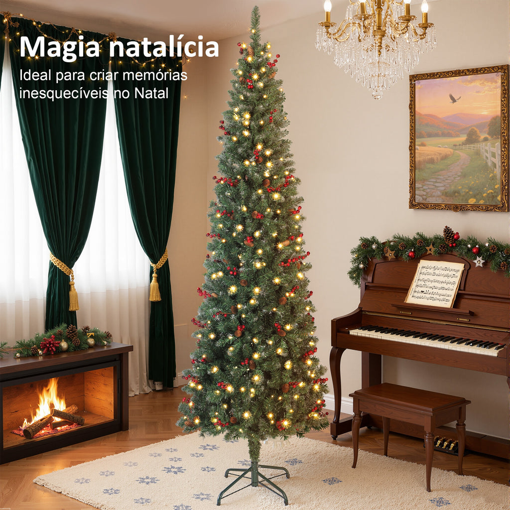 Árvore de Natal Slim 230 cm Árvore de Natal Artificial com Luzes LED Branco Quente 8 Modos de Iluminação 761 Ramos com Purpurina Prateada Pinhas Bagas e Suporte Metálico Verde — foto 4