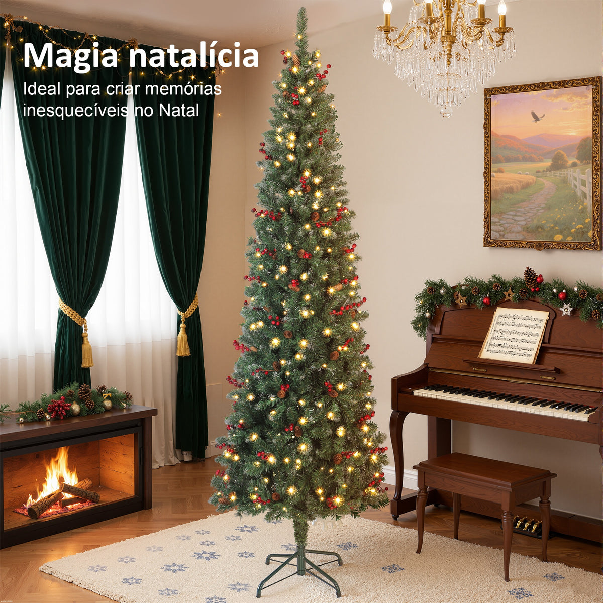 Árvore de Natal Slim 230 cm Árvore de Natal Artificial com Luzes LED Branco Quente 8 Modos de Iluminação 761 Ramos com Purpurina Prateada Pinhas Bagas e Suporte Metálico Verde — foto 4