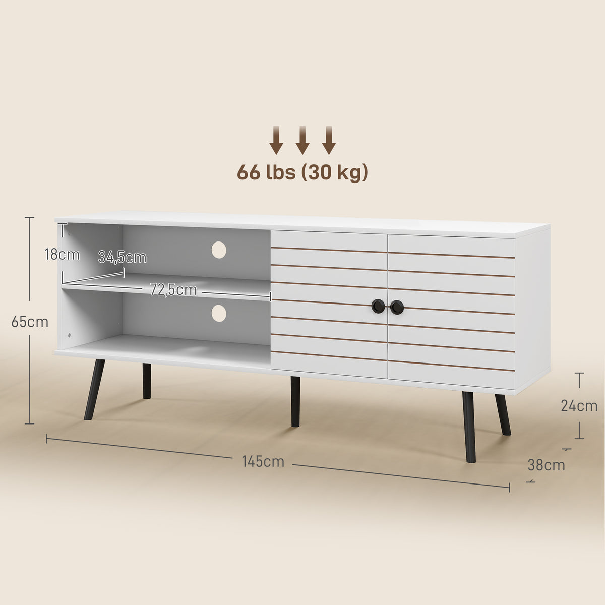 Móvel de TV para Televisores de até 65 Polegadas Móvel de TV para Sala com 2 Prateleiras Abertas 1 Armário com Portas e Orifícios para Cabos 145x38x65 cm Estilo Moderno Branco — foto 3