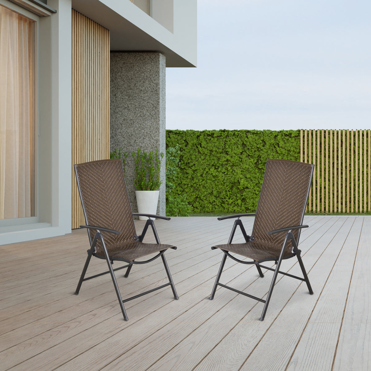 Conjunto de 2 cadeiras dobráveis ​​de vime para jardim com encosto alto e ajustável 7 posições para terraço 57x67.5x104 cm Cinza — foto 2