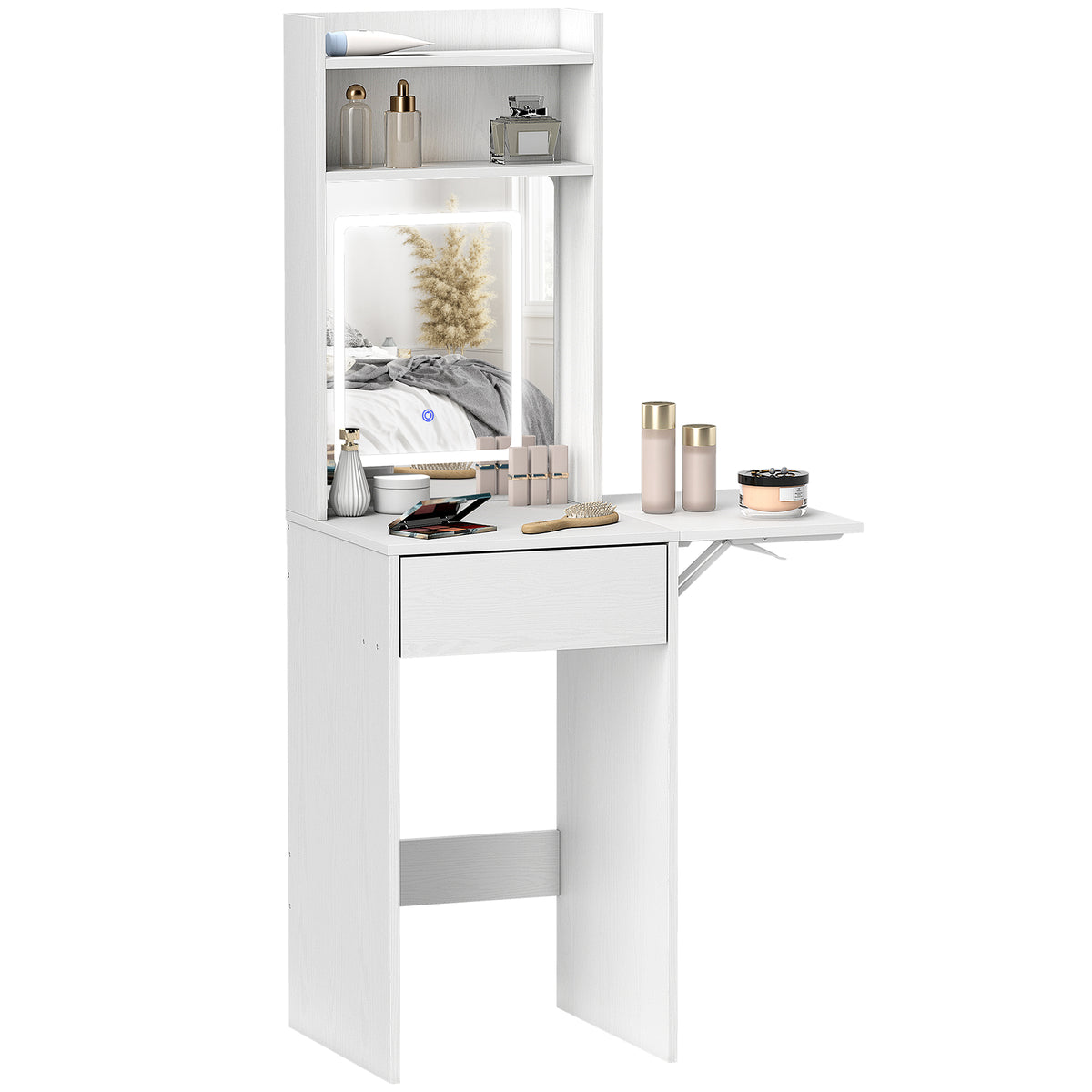 Tocador de Maquilhagem com Luzes LED de Cor Ajustável e Espelho Tocador com Lateral Rebatível Gaveta Compartimentos Abertos para Espaços Pequenos 45x45x152 cm Branco — foto 1