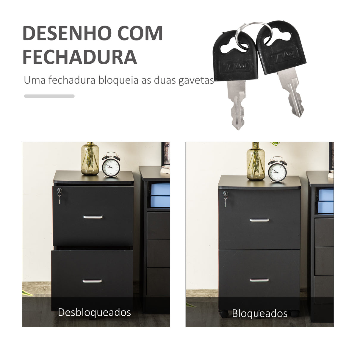 Bloco de Gavetas de Escritório Móvel Auxiliar para Arquivos com 2 Gavetas Fechadura 2 Chaves 5 Rodas e 2 Freios para Estúdio Escritório Dormitório 43x45x72cm Preto — foto 4