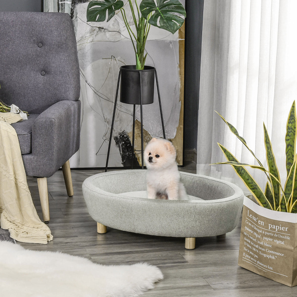 Sofá Cama para Animais de Estimação Pequenos e Medios com Almofada Acolchoada Amovível Pernas de Madeira Bordas Elevadas 81x61x24 cm Cinza — foto 2
