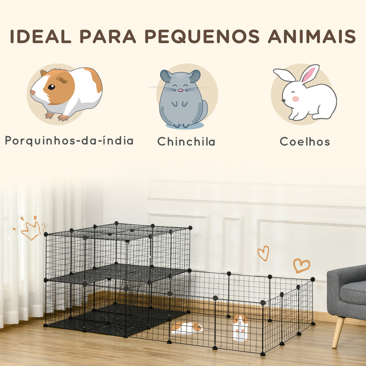 Recinto para Pequenos Animais Recinto Metálico para Animais com Forma Personalizável para Coelhos Porquinho da Índia 175x105x70 cm Preto — foto 4