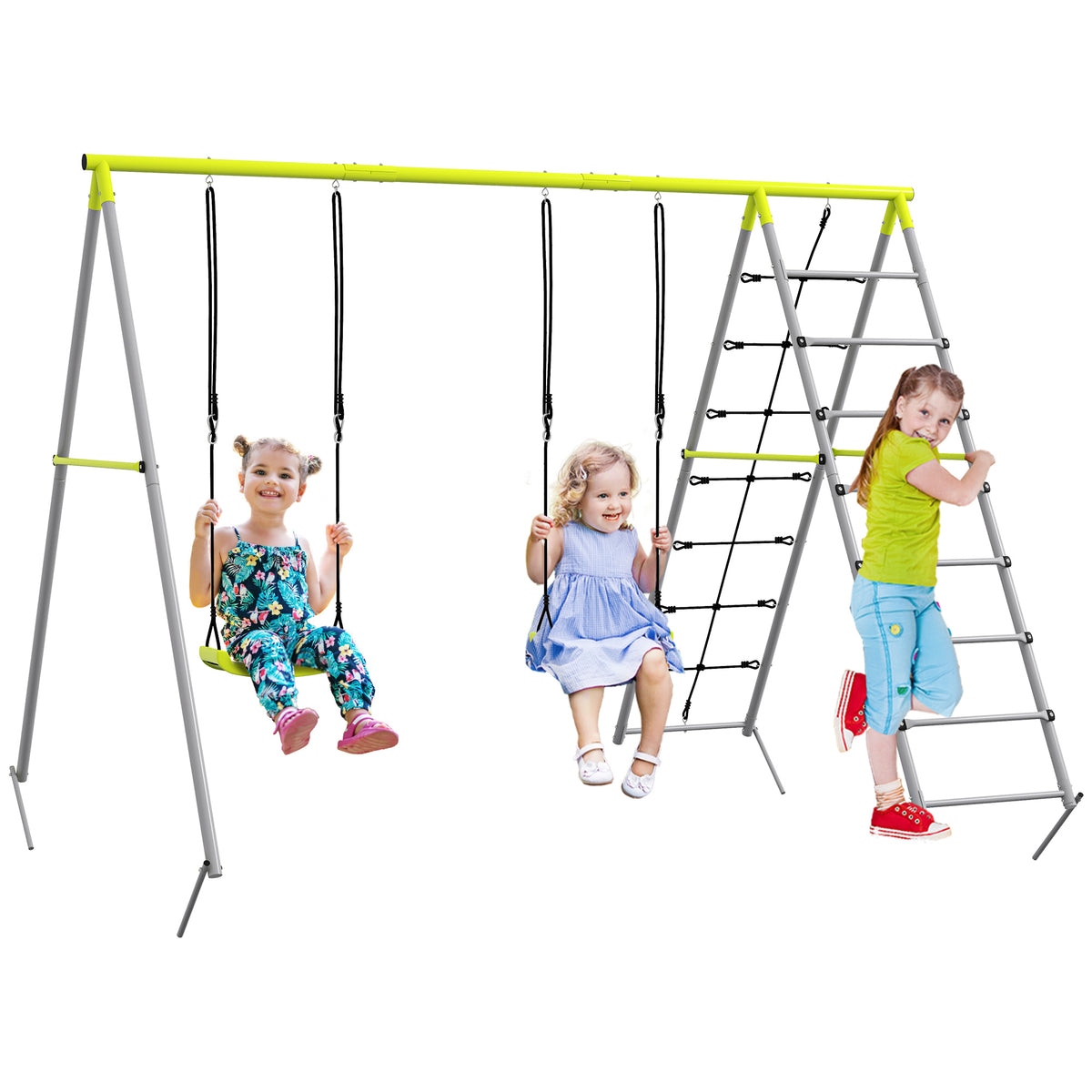 Baloiço para Crianças 4 em 1 Baloiço Jardim com 2 Baloiços Trepador Rede de Escalada Corda Ajustável e Anti-UV Baloiço Infantil Carga 180 kg 260x185x180 cm Cinza e Verde — foto 1