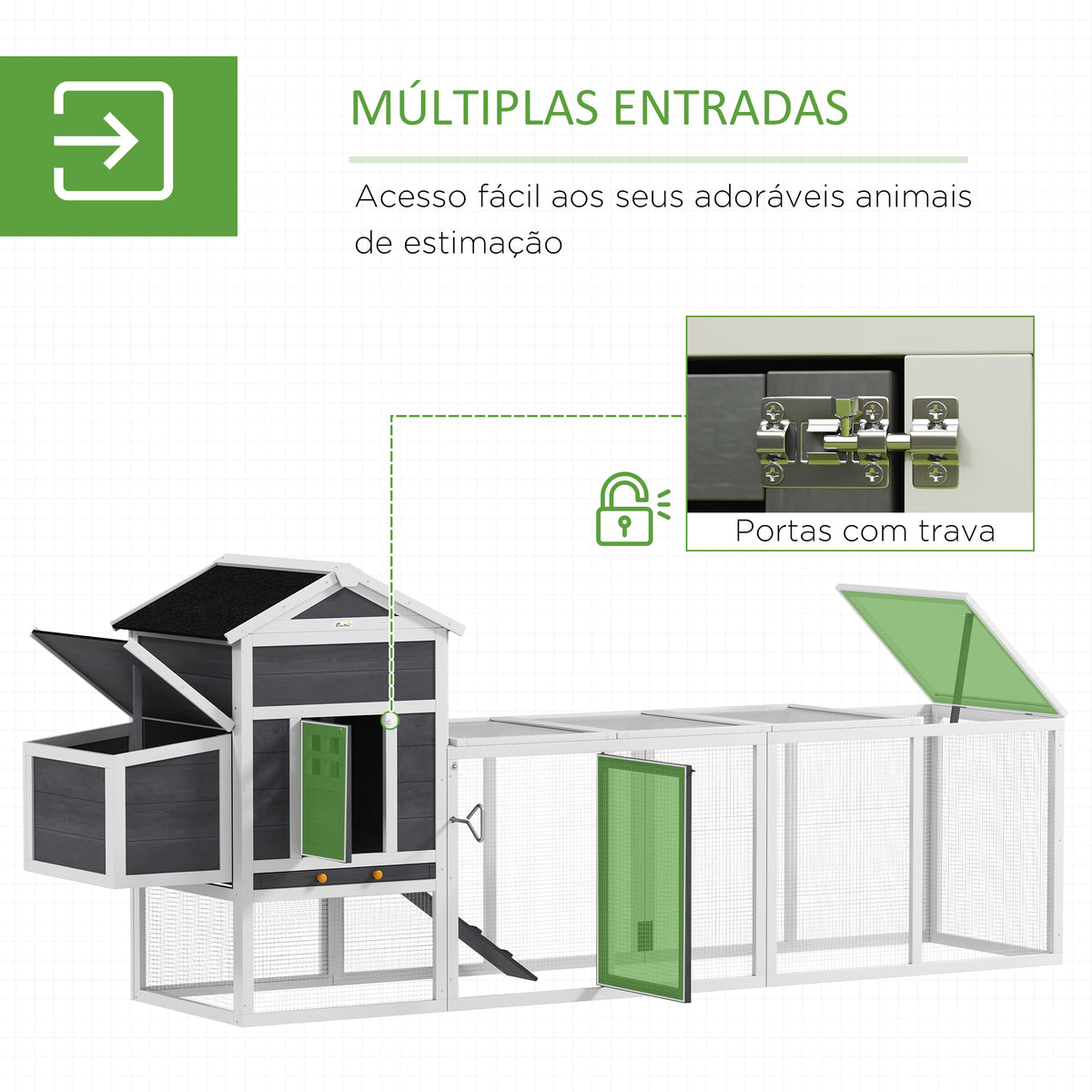 Galinheiro de Madeira 297,5x68x118cm Galinheiro Grande para 3-6 Galinhas com Teto Asfáltico Cercado de Metal Porta com Trava Caixa Ninho Bandeja Amovível e Rampa Branco e Cinza — foto 5