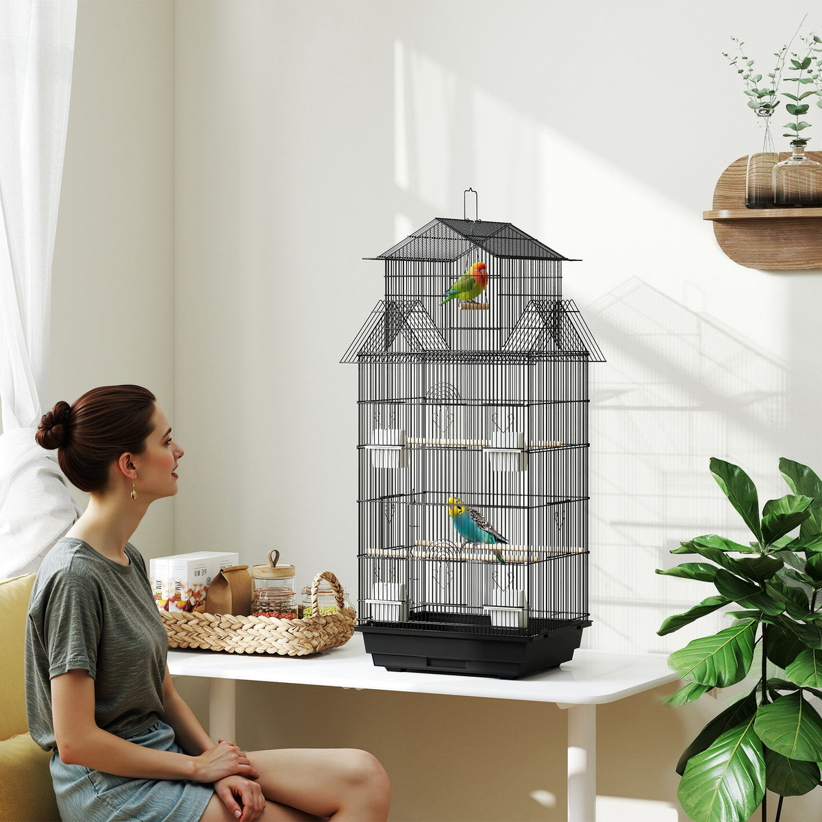 Gaiola de Metal para Pássaros com Bandeja Amovível Gaiola para Canários com 4 Comedouros 3 Poleiros e 1 Baloiço para Periquitos 50,5x41x104 cm Preto — foto 2