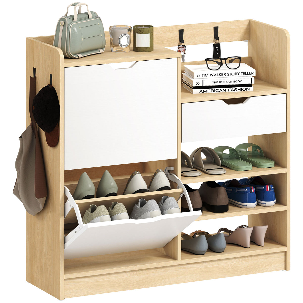 Sapateira Estreita com 2 Portas Sapateira para Entrada com Prateleiras Ajustáveis Gaveta Prateleiras Abertas 4 Ganchos para 14 Pares de Sapatos 93x30x90 cm Madeira e Branco — foto 1