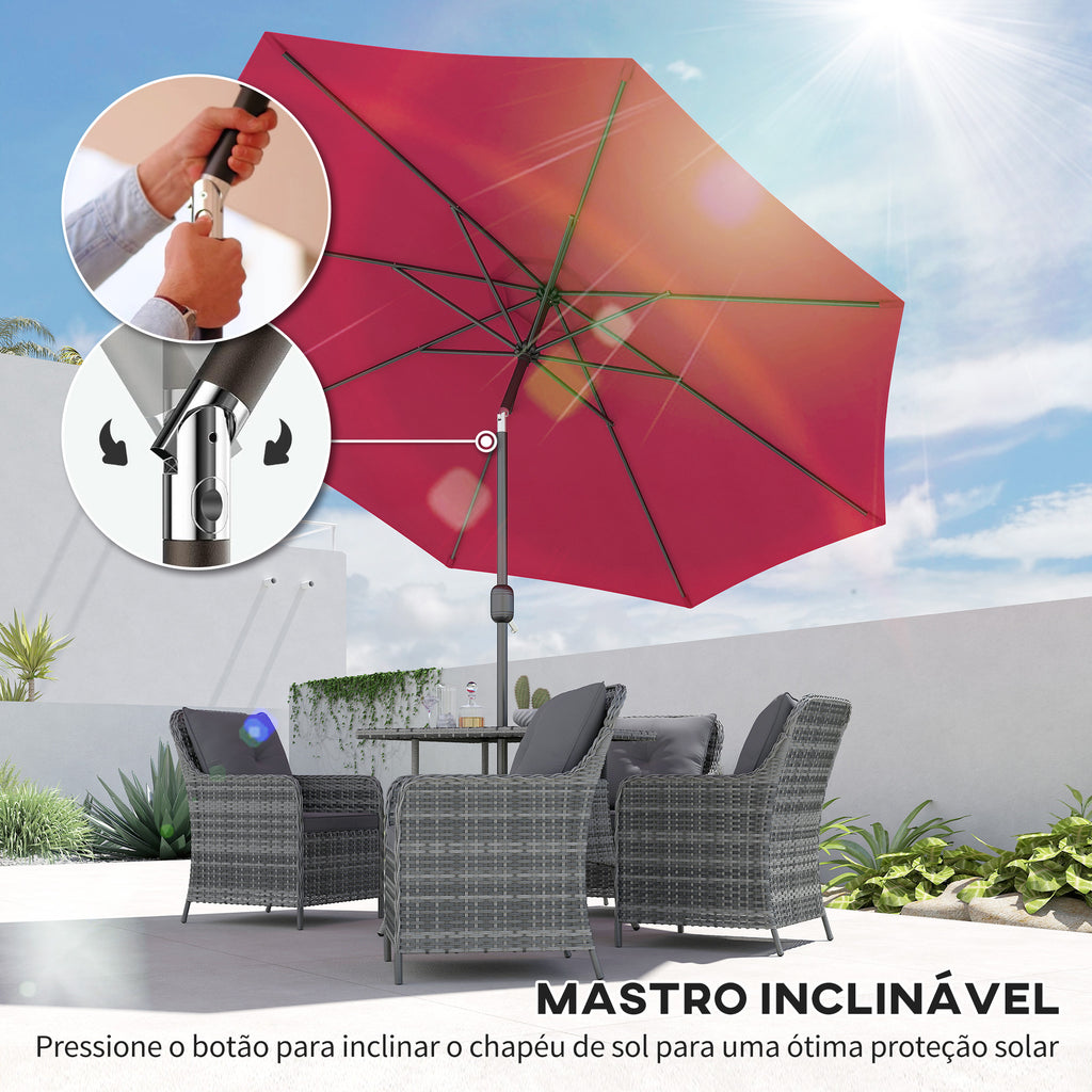 Chapéu de Sol de Jardim Ø295x250cm com Manivela Chapéu de Sol Exterior com Mecanismo de Inclinação e Mastro Desmontável de Metal para Terraço Piscina Pátio Vinho — foto 4