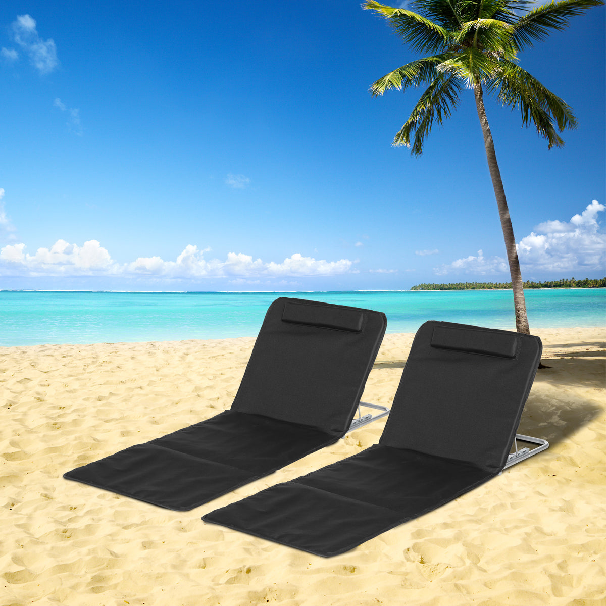 Conjunto de 2 Esteiras de Praia com Encosto Reclinável em 5 Níveis Bolsa de Transporte e Apoio de Cabeça 48x134x33-43 cm Preto — foto 2