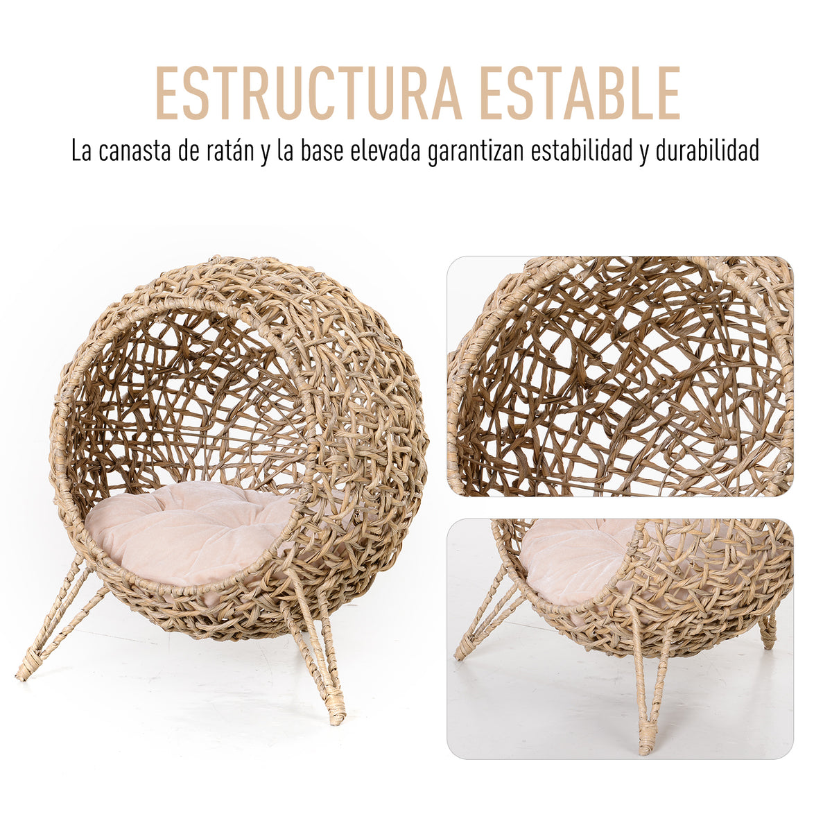 Cama para Gatos em Vime Sintético Caverna para Animais de Estimação com Base de Tripé Almofada com Pelúcia e Algodão Suave Desenho Elevado Ø52x58 cm Madeira — foto 5