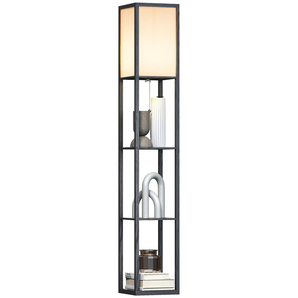 Candeeiro de Pé de Madeira com 3 Prateleiras De Armazenamento para Lâmpada E27 Potência Máx. 40W Candeeiro Moderno para Sala de Estar Dormitório 26x26x160cm Preto — foto 1