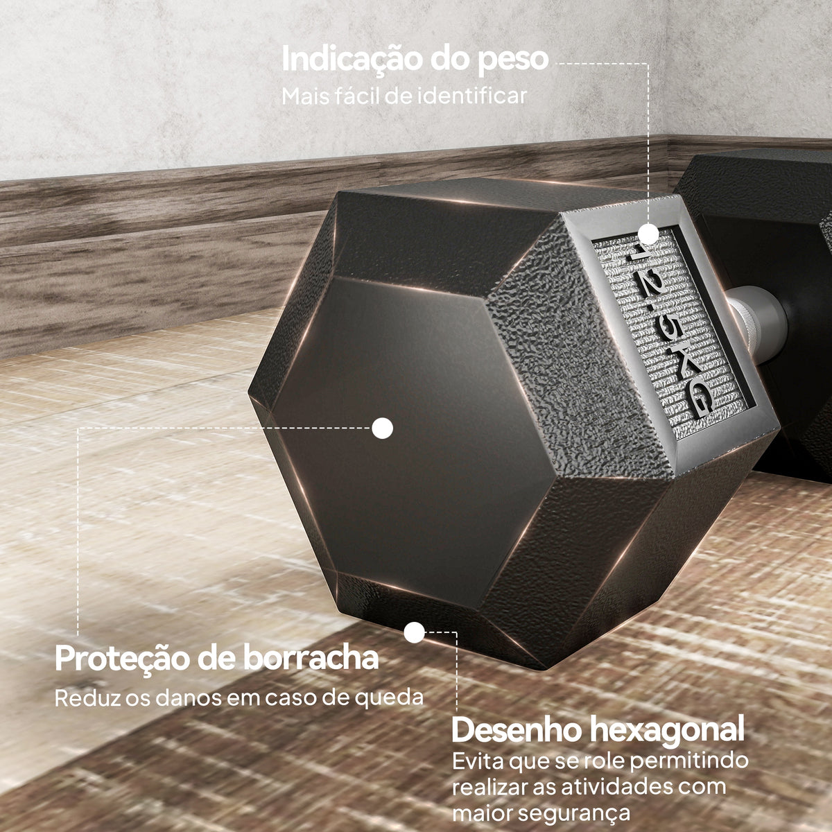 Conjunto de 2 Halteres Hexagonais 12,5 kg (25 kg Total) Ferro Fundido Revestidos em Borracha com Pega Anti-Deslizante para Musculação em Casa ou Ginásio Preto e Prateado — foto 4