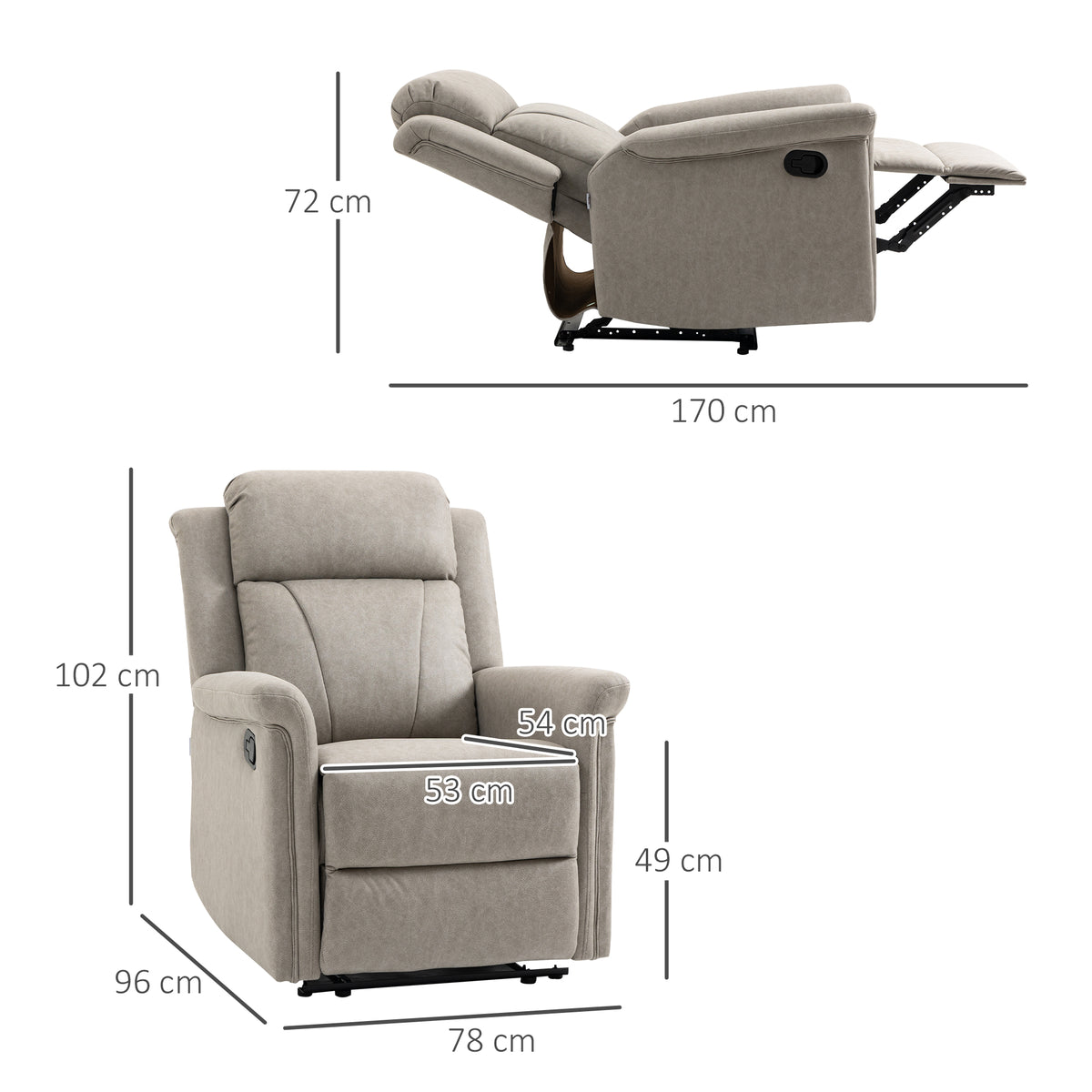 Poltrona Relax Reclinável Manual Poltrona Relax em Tecido com Apoios de Braço Apoio para os Pés Encosto Alto Almofadada Poltrona Reclinável até 135º para Sala Quarto, Escritório 78x96x102 cm Cinza — foto 3