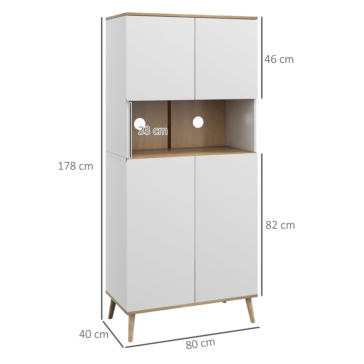 Armário de Cozinha Móvel Auxiliar de Cozinha com 4 Portas Bancada para Micro-Ondas Prateleiras Ajustáveis Orifício para Cabos e Pés de Madeira Estilo Moderno 80x40x178 cm Branco — foto 3