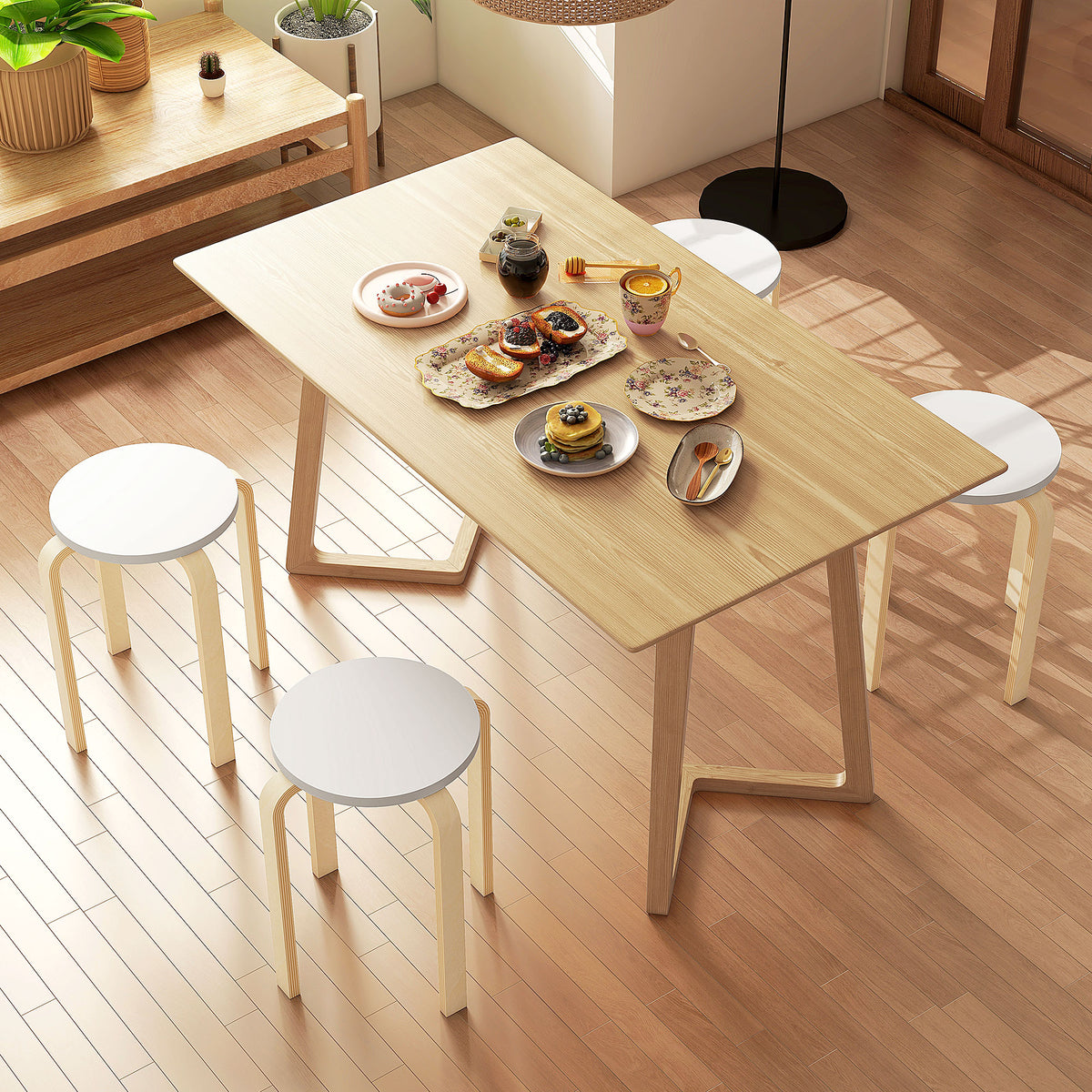 Bancos de Madeira Conjunto de 4 Bancos de Madeira Bancos Modernos Redondos Carga 120 kg para Sala de Estar Escritório Dormitório Estúdio Ø40x45 cm Madeira e Branco — foto 2