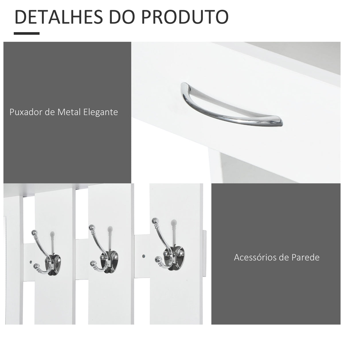 Móvel Cabide de Entrada de 3 Peças Armário de Entrada com Cabide Espelho Sapateira e Gaveta 90x10x102 cm Branco — foto 5