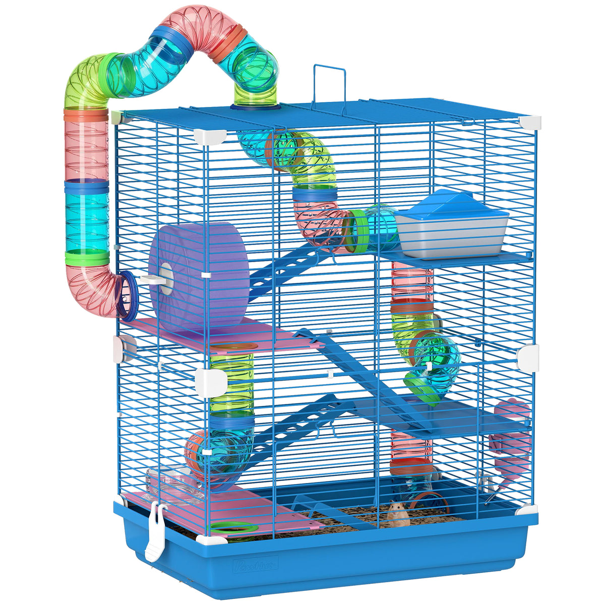 - Jaula para Hamster de 5 Níveis, Casa para Roedores Pequenos com Túnel, Plataformas, Tigela, Bebedouro, Casinha, Rampas e Roda de Exercício, para Gerbos, 46x30x58 cm, Azul — foto 1