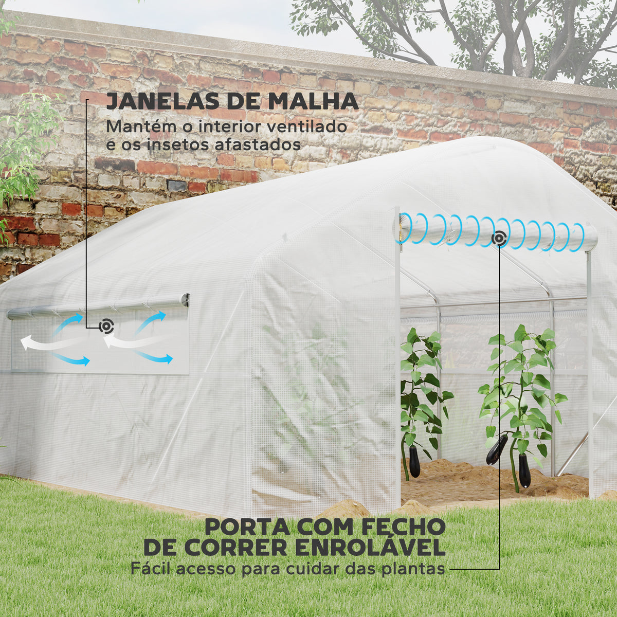 Estufa tipo Túnel 4x3x2 m Estufa de Exterior com 2 Janelas Cobertura PE Anti UV e 1 Porta de Enrolar com Fecho de Correr Estufa para Jardim Pátio Branco — foto 5