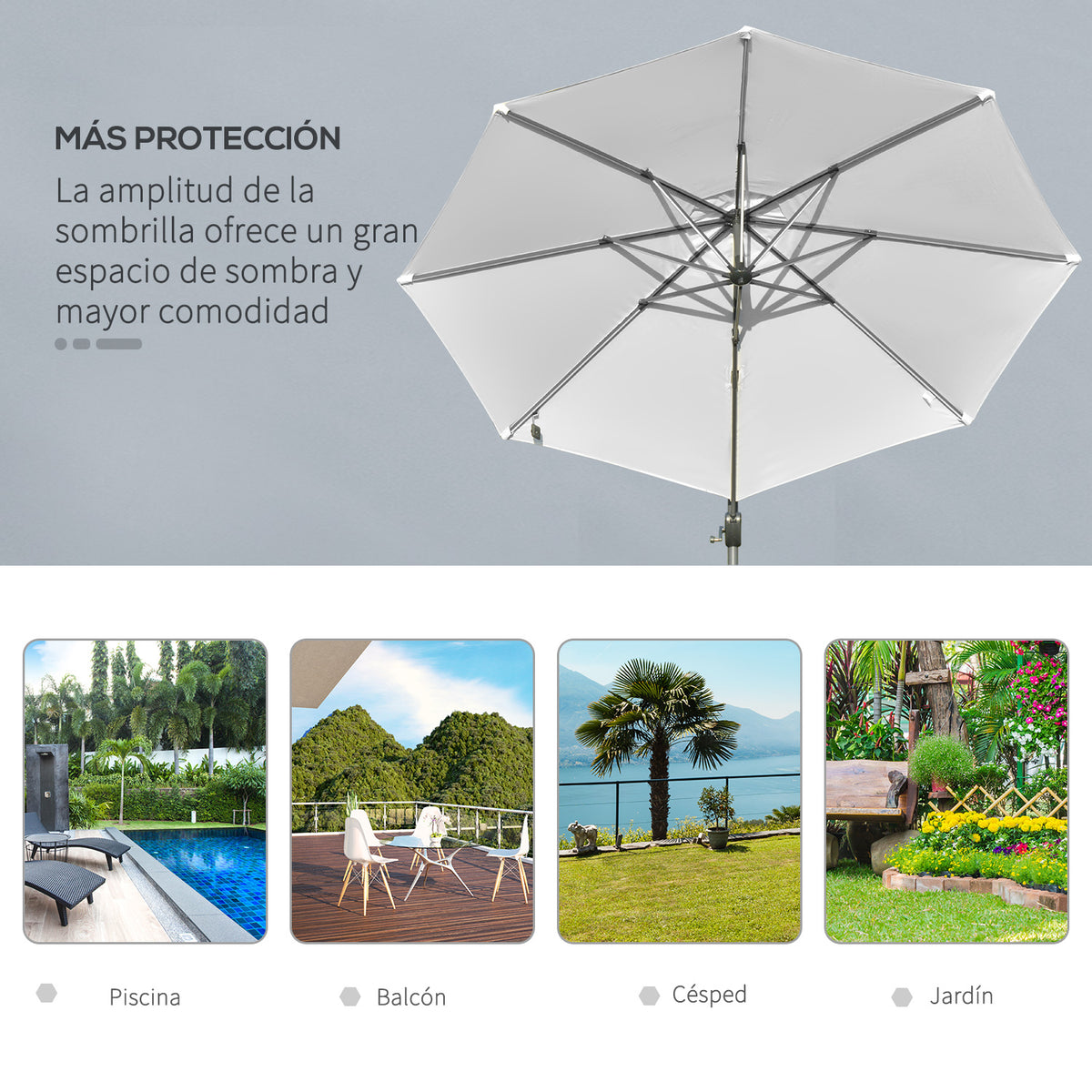 Chapéu de Sol Excêntrico Φ300x248cm com Proteção UV 50+ Giratório 360º com Manivela Luzes LED Painel Solar e Teto Reclinável Branco — foto 7