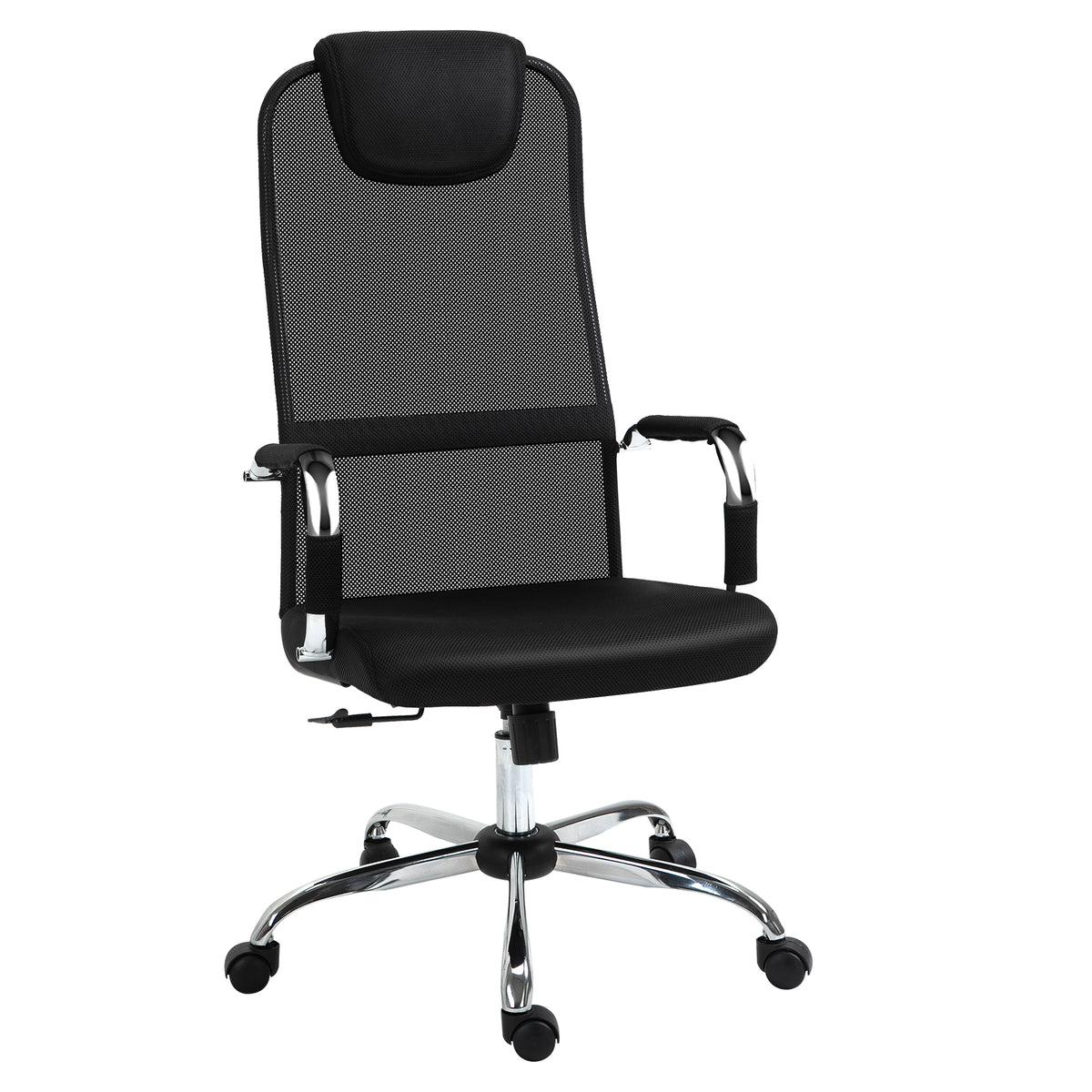 Cadeira de escritório ergonômica basculante e giratória com altura de assento ajustável com encosto de cabeça e malha de encosto alto 65,5x62,5x117-127 cm Preto — foto 1
