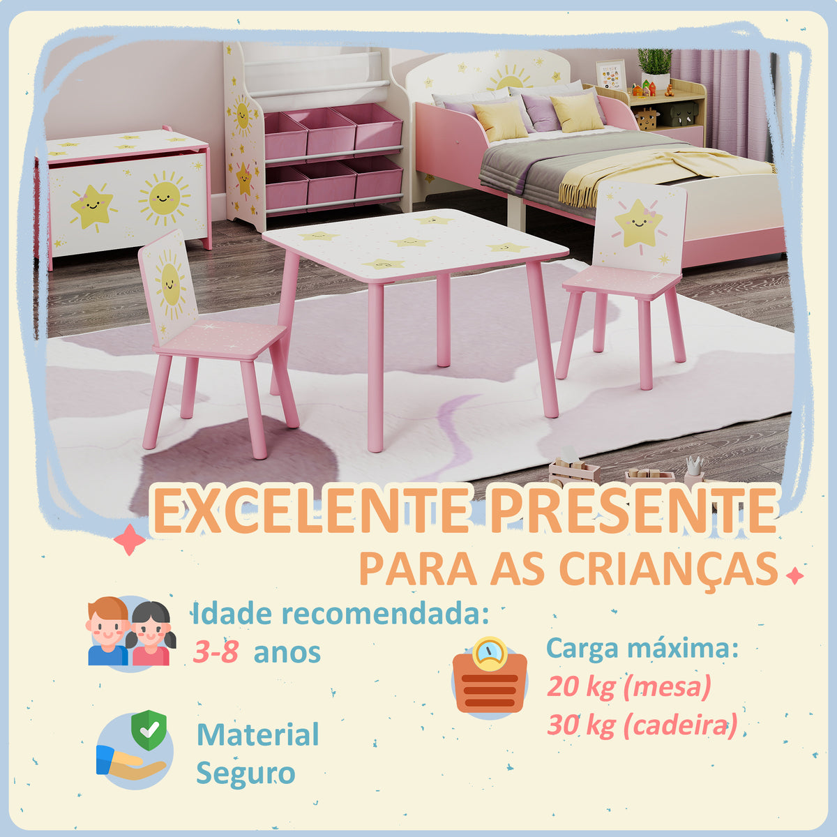 Mesa e Cadeiras para Crianças de 3 Peças Mesa Infantil com 2 Cadeiras em Madeira Conjunto de Móveis com Desenhos de Estrelas e Sol para Crianças Acima de 3 Anos para Quarto Sala de Jogos Rosa — foto 7