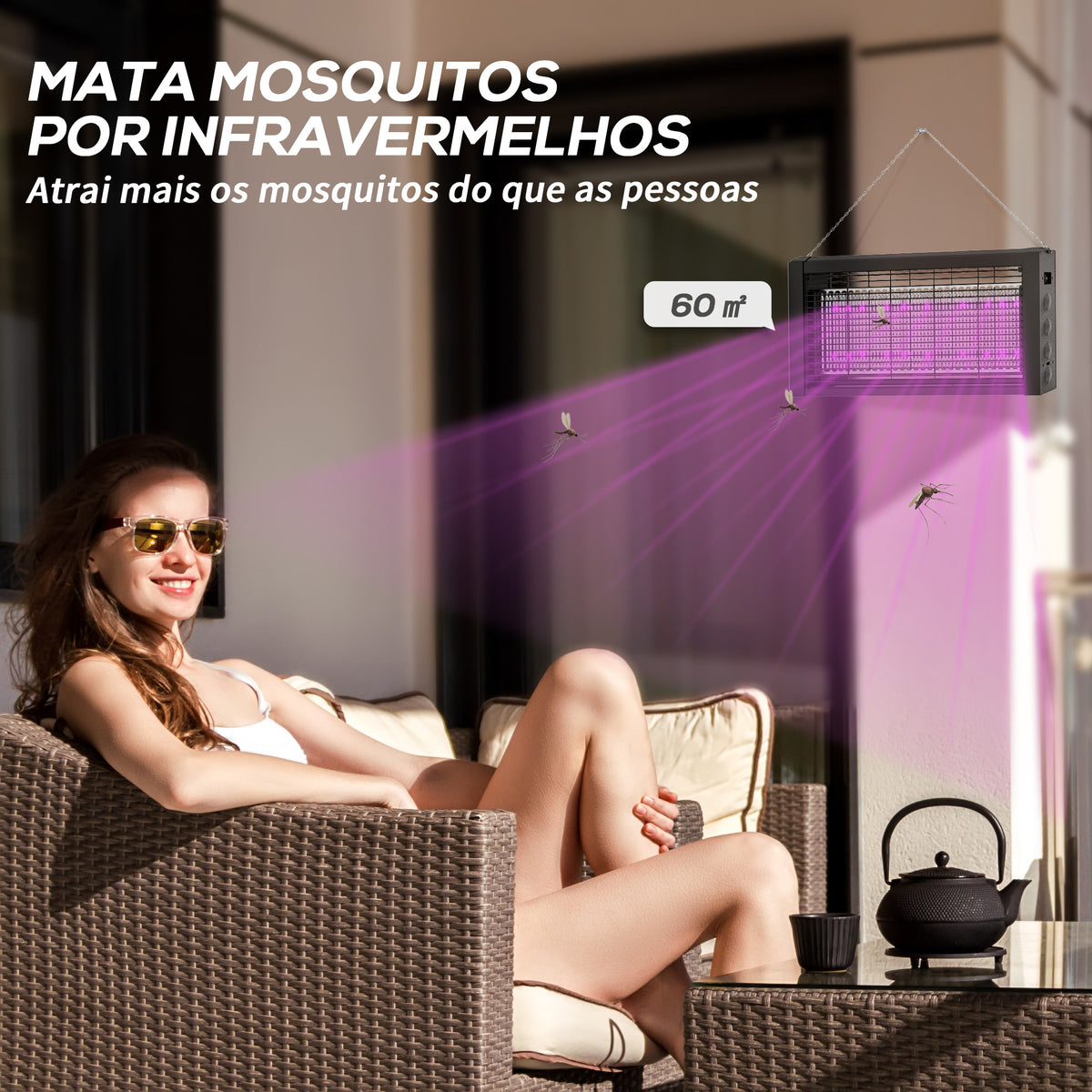 Lâmpada Anti-Mosquitos com Luz LED Mata Mosquitos Elétrico 8W Efetivo para 60 m² com Corrente para Interior Jardim Terraço Pátio 49x6x25 cm Preto — foto 4