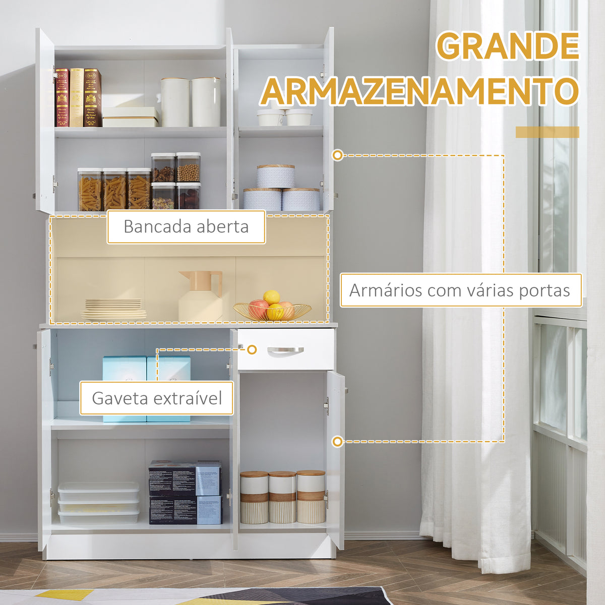 Armário de Cozinha Aparador de Sala de Jantar com 1 Gaveta 6 Portas e Prateleiras Ajustáveis Estilo Moderno 101x39x180 cm Branco — foto 4
