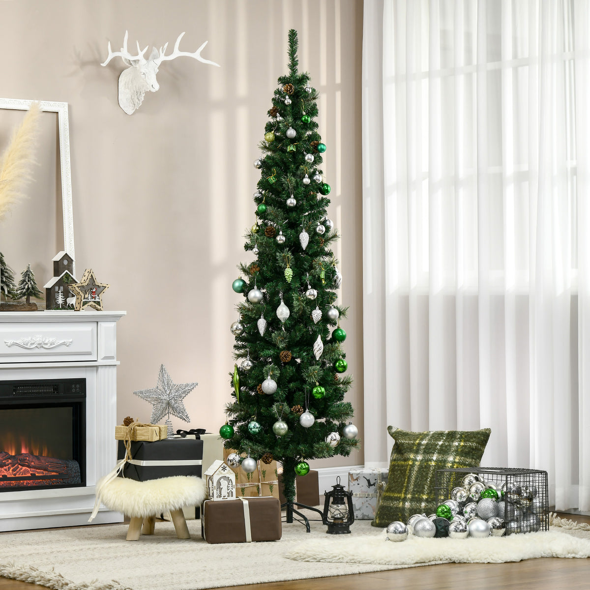 Árvore de Natal Artificial 195 cm Árvore de Natal com 556 Ramos Árvore de Natal Estreita Slim com 25 Pinhas Base Dobrável Ø54x195 cm Verde — foto 2