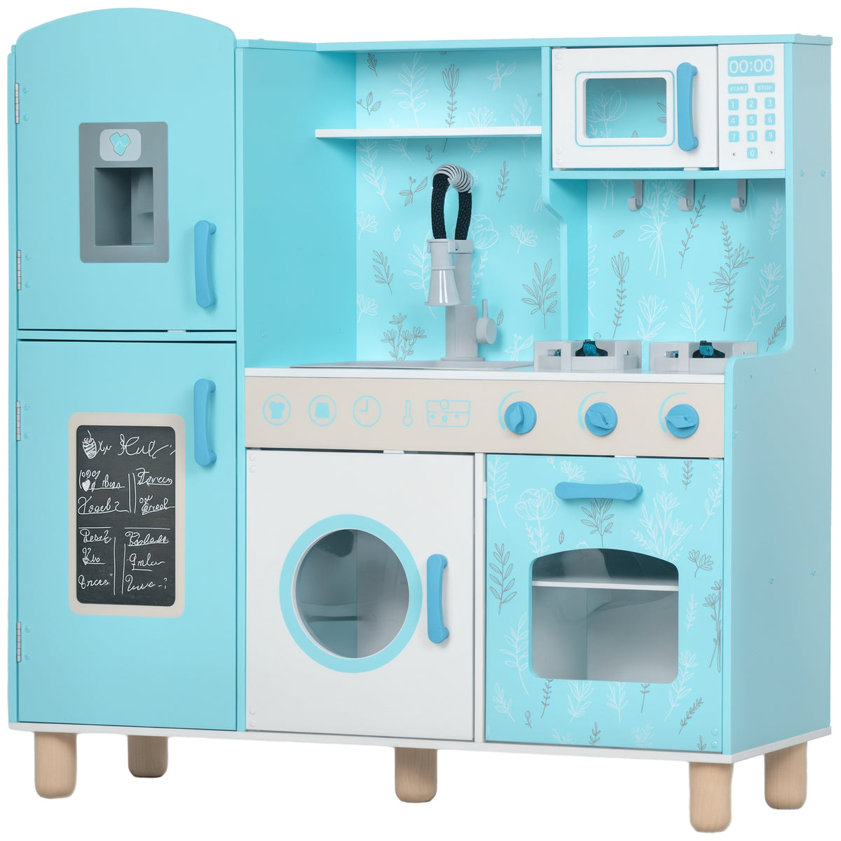 Cozinha de Madeira para Crianças acima de 3 Anos Cozinha Infantil com Sons Fogão Forno Micro-Ondas Máquina de Gelo e Acessórios 90x33,3x91,6 cm Azul — foto 1