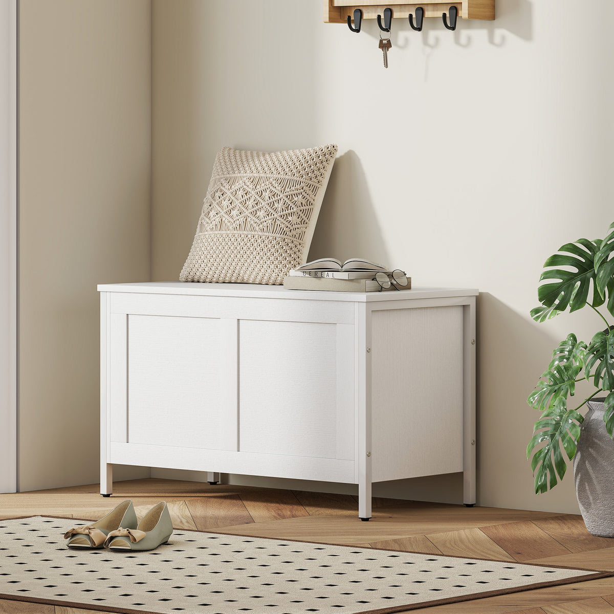 Baú de Armazenamento para Dormitório 95L Baú de Arrumação com Tampa Banco de Armazenamento Versátil com Dobradiça de Segurança para Corredor Sala de Estar 80x40x50 cm Branco — foto 2