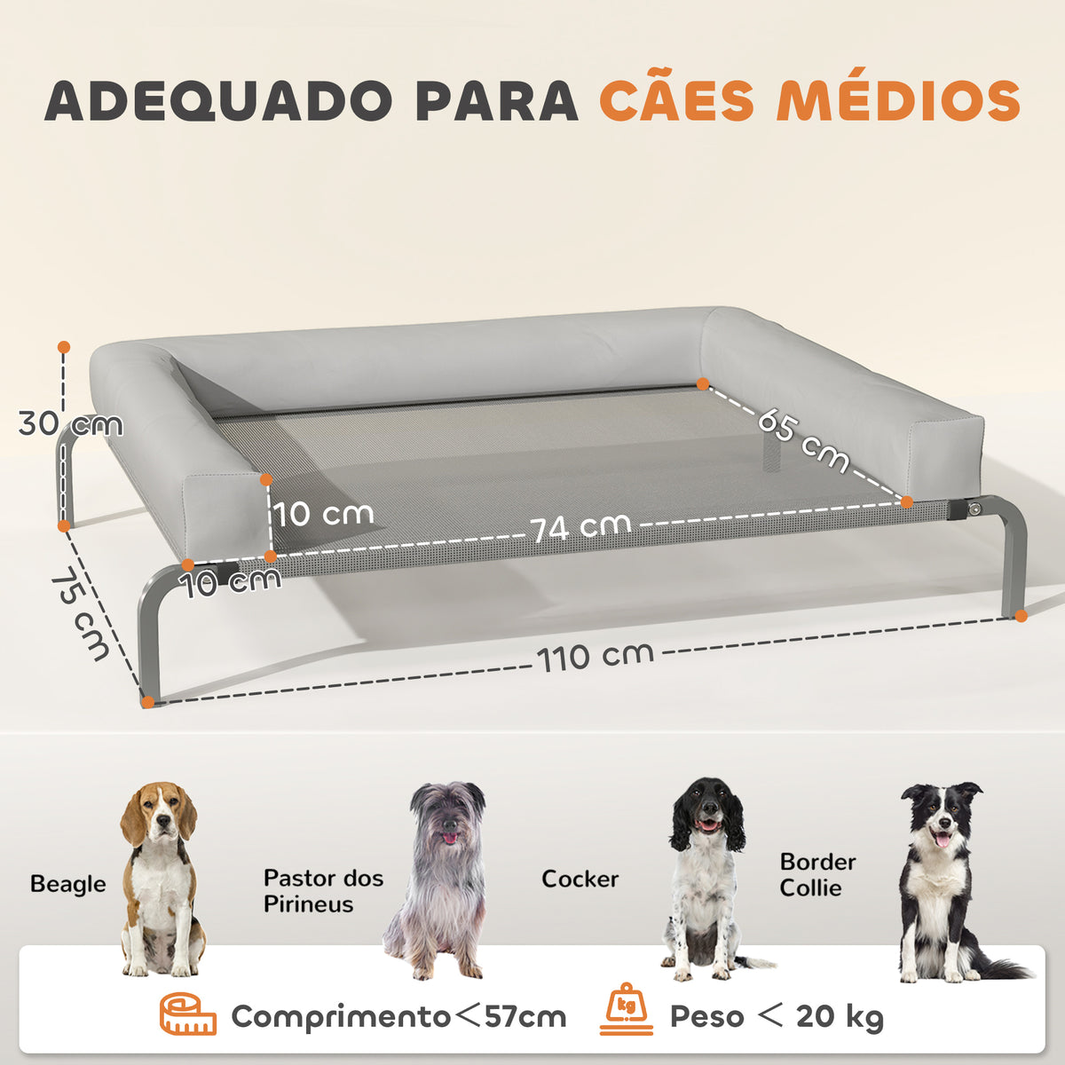 Cama Elevada para Cães com Latertais Amovíveis Cama Elevada para Cães Médios Portátil com Malha Respirável Estrutura de Aço para Interior e Exterior 130x90x30 cm Cinza Claro — foto 3