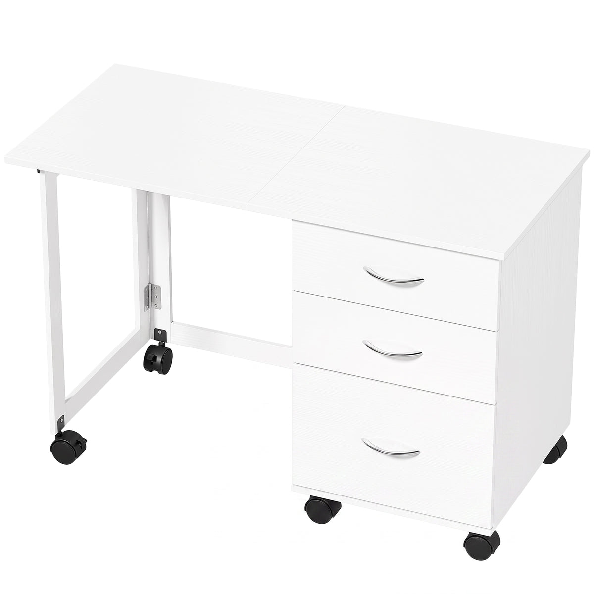 Secretária Dobrável com Rodas e Travões 3 Gavetas e Tampo Rebatível Design Moderno 107x50x72 cm Branco com Veio — foto 1