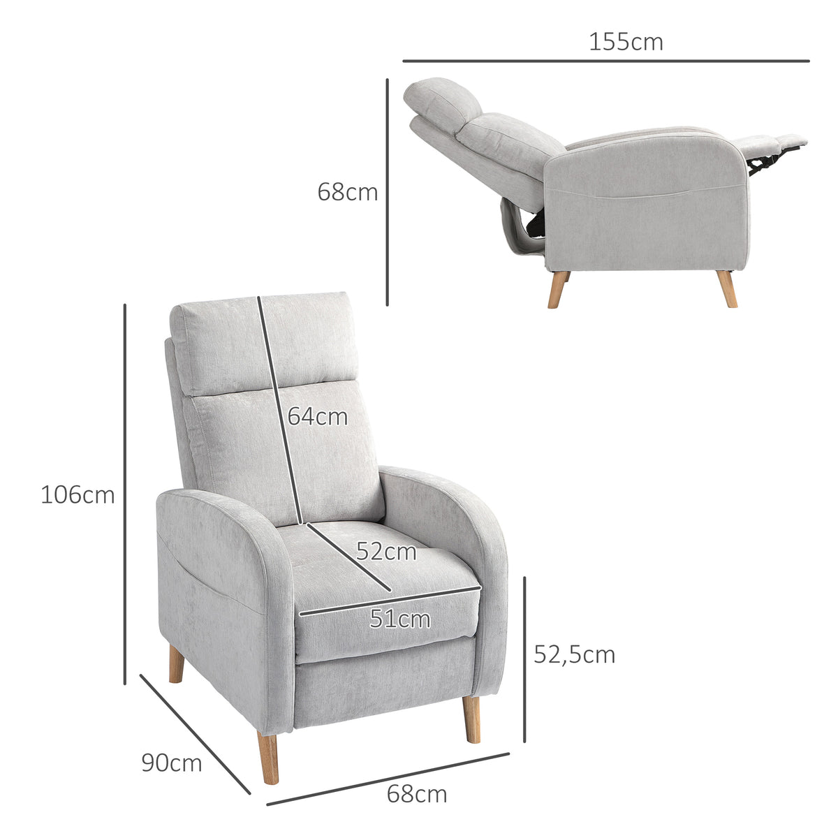 Poltrona Relax Reclinável Manual Poltrona Relax Estofada em Linho Sintético com Apoio para os Pés e Bolso Lateral Poltrona Reclinável para Dormitório Escritório Carga 120 kg 68x90x106 cm Cinza Claro — foto 3