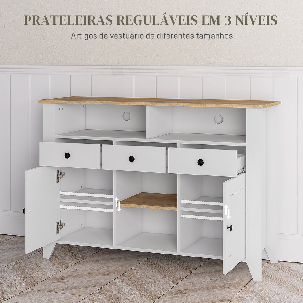 Aparador de Cozinha Mesa para Televisores de 50 Polegadas com 3 Gavetas 2 Armários 2 Prateleiras Abertas e 2 Prateleiras Ajustáveis Estilo Moderno 120x38x81,5 cm Branco — foto 5