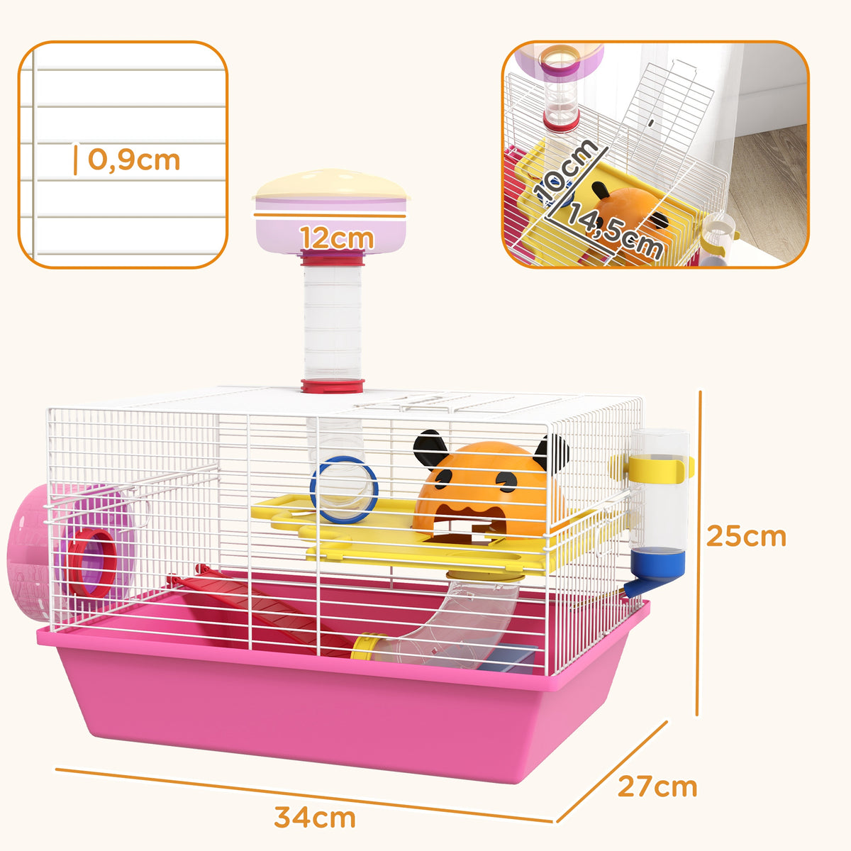 Gaiola para Hamsters Gaiola para Animais Pequenos com Comedouro Bebedouro Roda de Exercício Torre de Observação e Casinha 34x27x25 cm Multicolor — foto 3