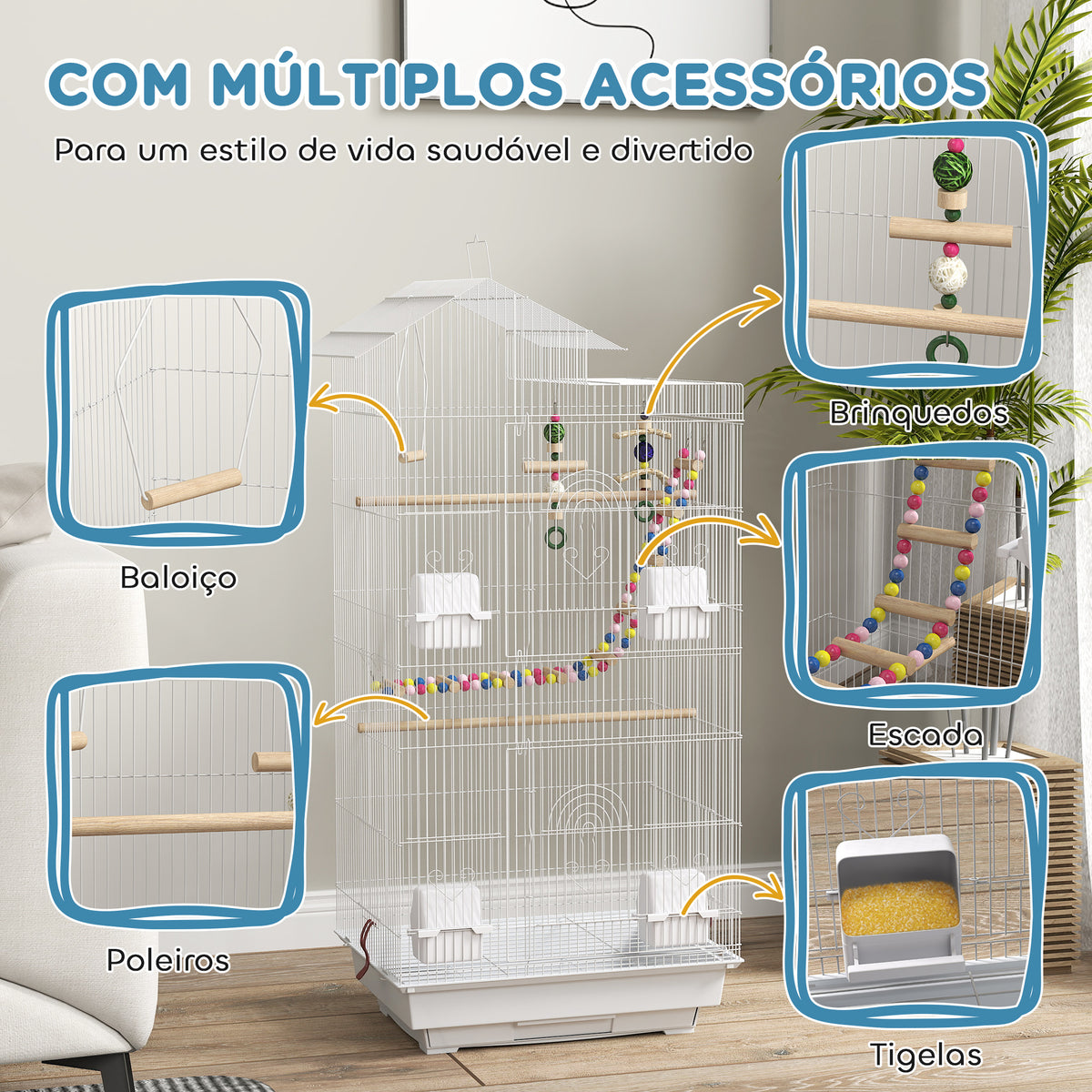 Gaiola para Passáros Gaiola de Metal com Múltiplas Portas 4 Comedouros 3 Poleiros Baloiço Escadas e Bandeja Removível para Periquitos Canários 46x36x100 cm Branco — foto 4
