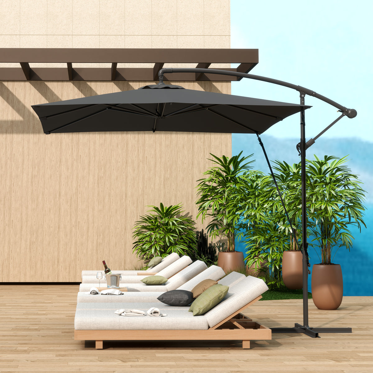 Chapéu de Sol Excêntrico 247x247 cm Chapéu de Sol de Jardim com Base Cruzada Capa Ajustável Manivela Capa Protetora e Corda de Vento Anti-UV 50+ Chapéu de Sol para Varanda Cinza Escuro — foto 2