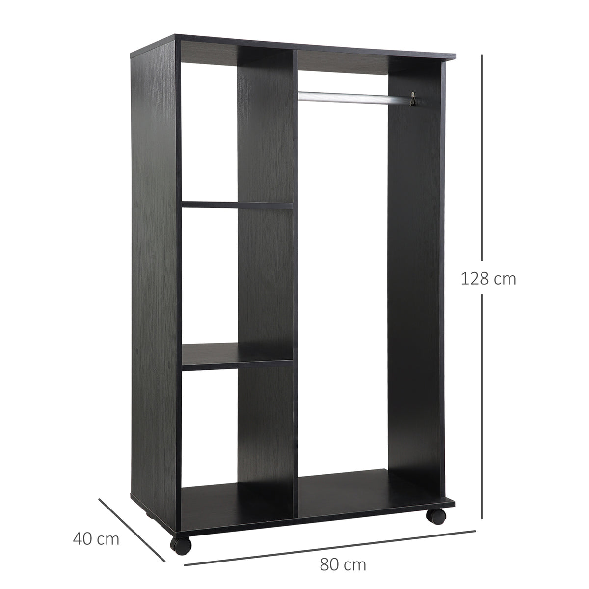 Roupeiro de Madeira Móvel Armário Roupeiro Aberto com Barra para Pendurar e 3 Prateleiras Organizadoras para Dormitório 80x40x128 cm Preto — foto 3