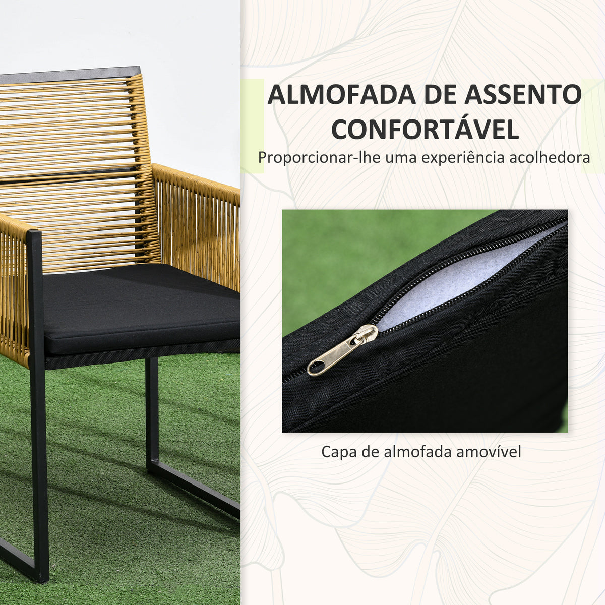 Conjunto de Mesa e Cadeiras de Jardim Conjunto de 3 Peças com 2 Cadeiras com Encosto Dobrável e Almofadas e Mesa de Vidro para Terraço Pátio Natural e Preto — foto 6